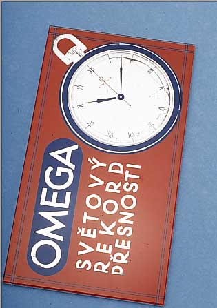 OMEGA WERBESCHILD, TSCHECHOSLOWAKEI UM 1955-60, GLAS, AUFDRUCK Z.T. BER., ALTERS- SPUREN, SELTEN