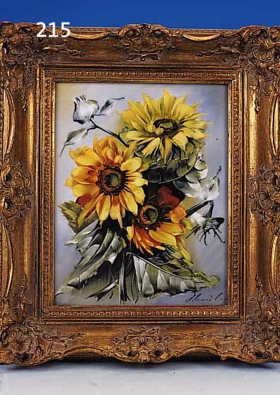 PORZELLANMALEREI, SIGN. STäUBER, UM 1950, BLUMENSTRAUß MIT GELBEN BLüTEN, PRUNKRAHMEN, CA. 25X20 CM.