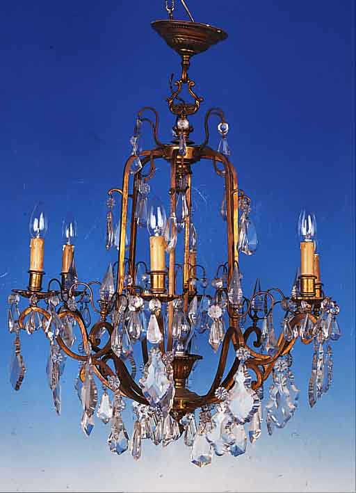DECKENLEUCHTER, DEUTSCH, UM 1910-20, METALLMONTUREN BRONZEFARBEN PATINIERT, REICHER FACETT. GLASBEHANG, ...