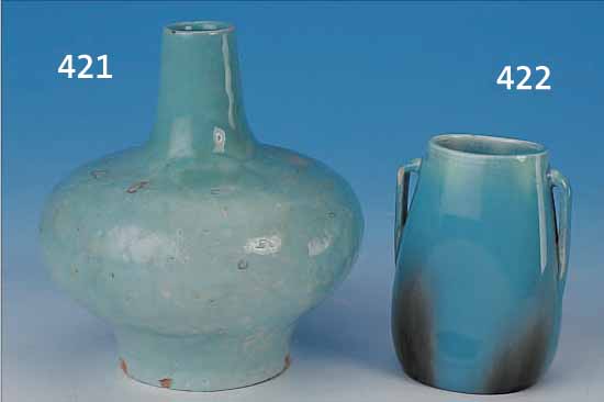 VASE, CLEMENT MASSIER, UM 1900, KERAMIK MIT TüRKISFARBENER LAUFGLASUR, MIN. BEST., H. CA. 13 CM