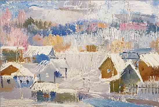 AKSIEROW, RUSSISCHER KüNSTLER DES 20. JH., WINTERLICHES DORF, ÖL/LWD., SIGN., 45 X 54 CM