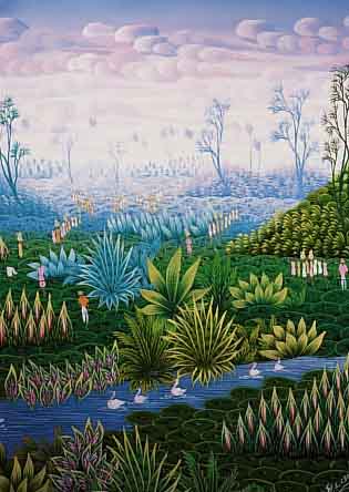 CADET, JEAN EDNER, *1965 PORT AU PRINCE, TäTIG IN FLORIDA UND HAITI, LERNTE BEI JANNET SANON, HATTE SEHR ERFOLGREICHE AUSSTELLUNGEN 1987 IN ...