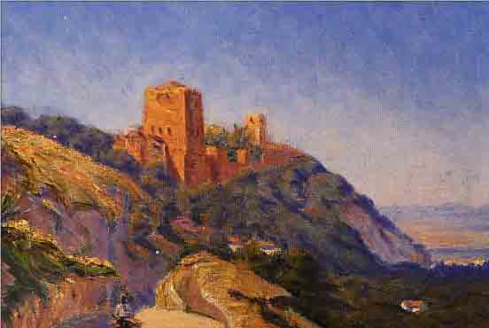 KNUTSEN, KNUD HERNOD, *1900 - 1967, SKANDINAVISCHER KüNSTLER, HIER: ESELREITER IN SONNIGER LANDSCHAFT BEI GRANADA,FARBLICH ...