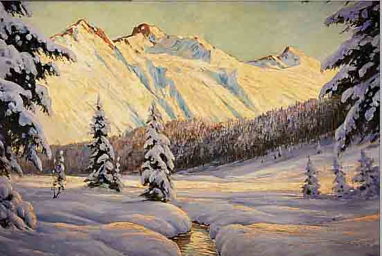 MORAS, BRUNO, WAR UM 1900 IN BERLIN TäTIG, SANKT MORITZ, HIER: SCHNEEBEDECKTE LANDSCHAFT MIT KLEINEM BACH VOR BERGKULISSE, ÖL/LWD., SIGN. U. ...