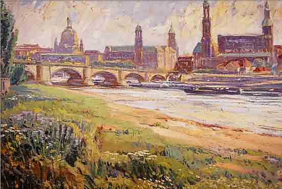 SCHREYER, OSKAR, DRESDENER KüNSTLER, NACH- GEWIESEN UM 1930, HIER: DRESDENANSICHT MIT AUGUSTUSBRüCKE, ÖL/HARTFASER, MONOGR. SCH., 65 X 85 ...