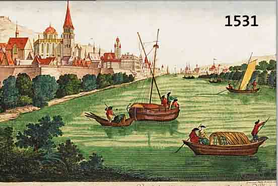 GUCKKASTENBILD, BALTHASAR FRIEDRICH LEIZEL, 18. JH., ANSICHT DER STADT MAINZ VON BINGEN AUS GESEHEN, ALTKOLORIERT, RäNDER BESCHNITTEN,EINE ECKE ...