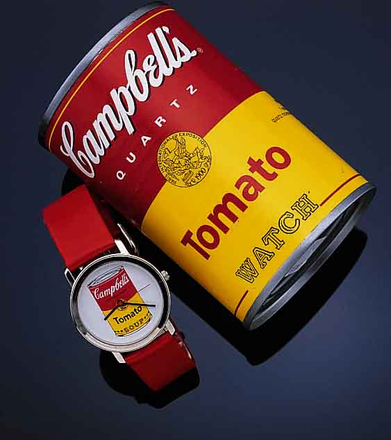 KüNSTLERUHR NACH ANDY WARHOL, MIT MOTIV CAMPBELLS TOMATO SOUP, QUARTZWERK IN NACH- EMPFUNDENER DOSE, UHR MIT ROTEM LEDERBAND UND RUNDEM ...