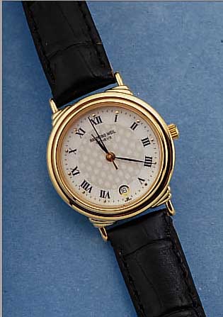 RAYMOND WEIL DAMENARMBANDUHR, SCHWEIZ UM 1997, METALL HARTVERG., UNGETR. LAGERW., PAP. HERKUNFTSNACHW. (DATUM UNAUSGEFüLLT), LEDER- ...