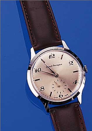 GIRARD PERREGAUX HERRENARMBANDUHR, SCHWEIZ UM 1948, AUF KD. WUNSCH NEUTR. METALLGEH. VERCHROMT U. BEIDSEITIG VERGLAST, BLATT ...
