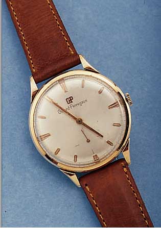 GIRARD PERREGAUX HERRENARMBANDUHR, SCHWEIZ UM 1964, NEUTR. RG 750/000 GEH., BODEN U. GLASRAND AUFGEDR., BLATT VERS., L. FLECKIG, 17STEINE, ...