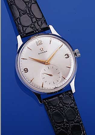 OMEGA HERRENARMBANDUHR, SCHWEIZ UM 1951, NEUTR. METALLGEH. VERCHROMT, AUF KD. WUNSCH BEIDSEITIG VERGLAST, BLATT REST., WERK VERG., 17 STEINE, ...