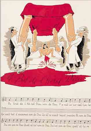 3 LIEDERBLäTTER, AUS: TONUS, CHANSONS AU SALLES DE GARDES, ED. PRAVAZ, LAUSANNE AUGUST 1947, MIT BUNT LITHOGR. BILDERN STARK EROTISCHEN ...