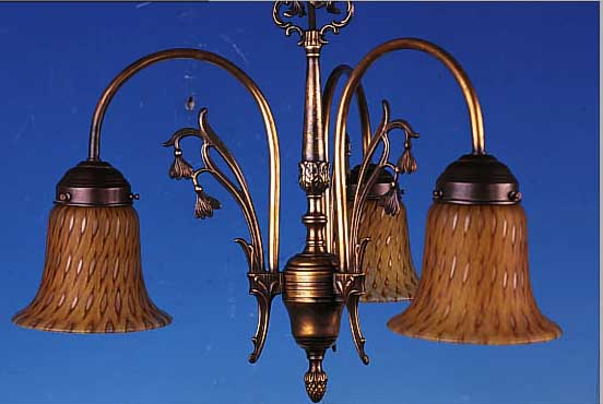 DECKENLAMPE, WOHL DEUTSCH, 30ER JAHRE, , BRONZEMONTUR, DREI SCHIRME SCHICHTGLAS MIT GELBEN, BERNSTEINFARBENEN UND BRAUNEN EIN- PUDERUNGEN, ...