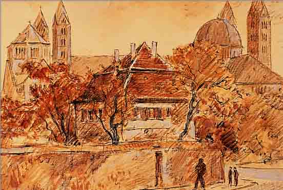 GRAF, KARL,  DER DOM ZU SPEYER, AQUARELLIERTE TUSCHPINSEL- ZEICHNUNG, LI. U. SIGN., CA. 24 X 35 CM, PP