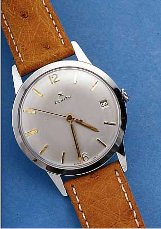 ZENITH HERRENARMBANDUHR, REF.-NR. 9451300, SCHWEIZ UM 1962, EDELST. POL., D. CA. 36 MM, BODEN U. GLASR. GEDR., BLATT REST., LEDERB. NEU, 17 ST., ...