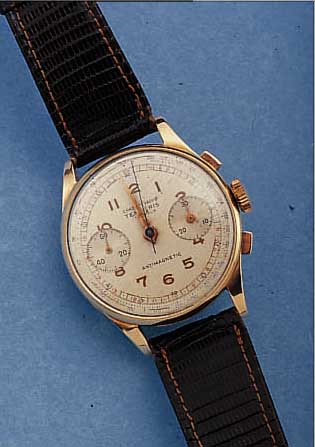 TEMPORIS ARMBANDCHRONOGRAPH, SCHWEIZ UM 1942, RG 750/000, BODEN U. GLASR. GEDR., ORIG.-BLATT L. FL., 17 ST., HANDAUFZUGKAL. LANDERON 48, ...