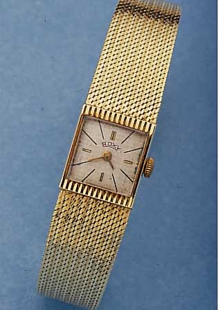 ROXY DAMENGOLDBANDUHR, DEUTSCHL./SCHWEIZ UM 1964, GG 585/000, BODEN GEDR., 17 ST., FORM- ANKERW. VOM AS, HANDAUFZUG, INCABL., L. CA. 17,3 CM, ...