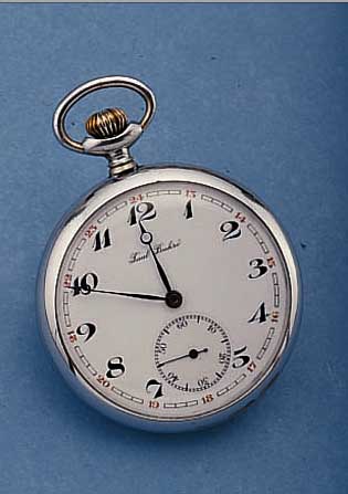PAUL BUHRE HERRENTASCHENUHR OFFEN, SCHWEIZ UM 1938, NICKEL VERCHR., PERF. EMAILBL. SIGN.,AUßEN ROT 13-24, BRüCKENANKERW., VERN., STREI-FENSCHL., ...