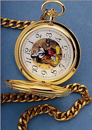 COLIBRI SAVONETTEHERRENTASCHENUHR, MICKY MOUSE, SCHWEIZ UM 1972, METALL HARTVERG, INCL.UHRENKETTE, BEIDE GEH.-SCHALEN MICKY MOUSE RELIEF., ...