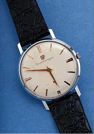 GIRARD PERREGAUX HERRENARMBANDUHR, REF. NR. 8721/A, SCHWEIZ UM 1966, METALL VERCHR., EDEL-STAHLBOD. U. GLASR. AUFGEDR., FLACHE AUSFüHR.,D. CA. 36 ...