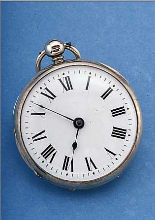 HERRENTASCHENUHR, ENGLAND, HALL MARKS, CHESTER UM 1874, SILBER, SCHLüSSELAUFZ., EMAILFARB., KONTRASTZIFFERBL. (ERSETZT), VERG.3/4 ...