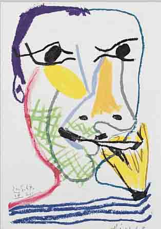 PICASSO, PABLO, 1881-1973, FARBLITHOGRAPHIE AUS DER EDITION DE BONHEUR VON 1964, RE. UNTEN HANDSIGNIERT, CA. 21 X 14 CM