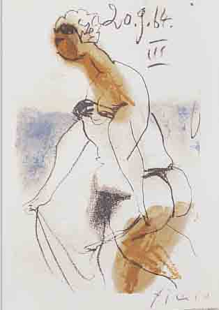PICASSO, PABLO, 1881-1973, FARBLITHOGRAPHIE AUS DER EDITION DE BONHEUR VON 1964, RE. U. HANDSIGNIERT, CA. 17 X 10.5CM