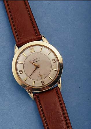LE COULTRE HERRENARMBANDUHR HAMMERAUTOMAT, SCHWEIZ/USA UM 1953, GG-FILLED, BODEN GESCHR.,BEI FERTIGST. WASSERGESCH., ORIG.-BLATT, KRONEZUM SCHUTZ ...