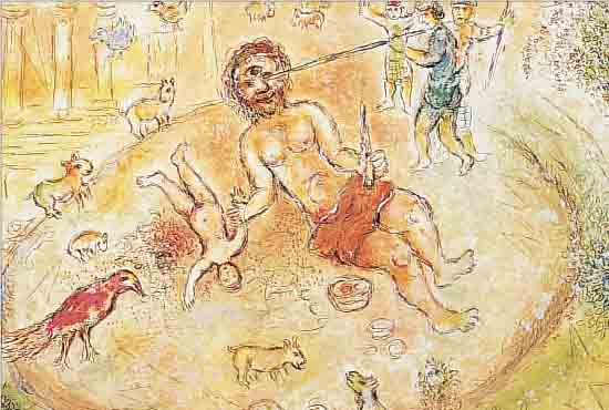 CHAGALL, MARC, 1887-1985, ZWEI FARBOFFSETS AUS: DIE ODYSEE, ED. DACO STUTTGART 1989, DOPPELBLäTTER MIT BUGFALTEN,PP