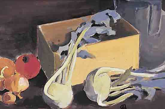 ARNOLD, CHRISTIAN, 1889-1960, , STILLEBEN MIT KOLRABI UND ZWIEBELN, AQUARELL/ GOUACHE, RE. U. MONOGR., CA. 38 X 51 CM, PP
