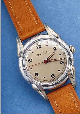 BREITLING HERRENARMBANDUHR, REF.-NR. 124, SCHWEIZ UM 1940, METALL VERCHR., BER., AUßER LEDERB. ORIG.-ZUSTAND, EDELST.-BODEN GESCHR., GEH.-NR. ...
