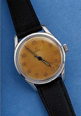 OMEGA HERRENARMBANDUHR, REF.-NR. 2640-4, SCHWEIZ UM 1953, EDELST., BODEN GESCHR., 17 ST., WERK VERG., HANDAUFZUGKAL. 283, SCHR.- UNR., ...