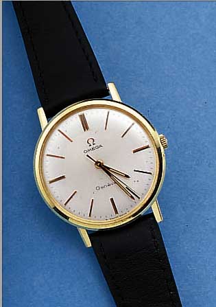 OMEGA HERRENARMBANDUHR GENEVE, REF.-NR. 131-019SP, SCHWEIZ UM 1970, METALL HARTVERG., EDELST.-BODEN GEDR., BLATT VERS., 17 ST., WERK VERG., ...