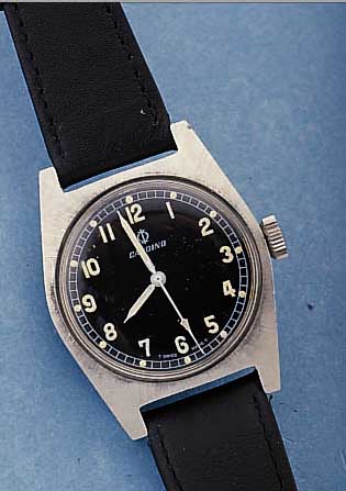 CANDINO MILITäRARMBANDUHR, REF.-NR. 1842/ 10511, SCHWEIZ/SCHWEDEN UM 1968, MASSIV EDELST., BODEN GESCHR., KONTRASTZIFFERBL., HANDAUFZUG, ...