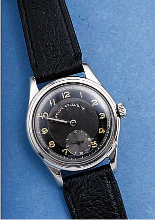 REVUE SPORT/EXCLUSIV HERRENARMBANDUHR, REF.-NR. 356419, SCHWEIZ UM 1954, EDELST., BODEN GESCHR., 15 ST., HANDAUFZUGKAL. 77, SCHR.-UNR., ...
