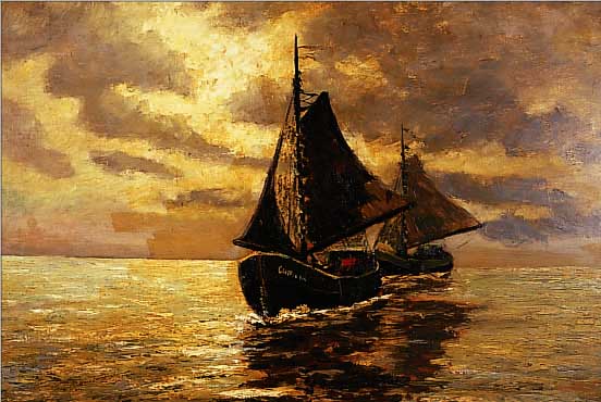 MOSBLEMOSBLECH, WILHELM, UM 1930/40, SEGELBOOTE BEI DER AUSFAHRT IN ABENDLICHER STIMMUNG, IMPRESSIONISTISCHE SICHT, FEINE SPIEGELUNG IM WASSER, ...