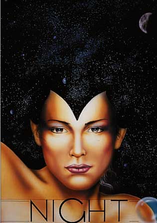ANDY, ZEITGENöSSISCHER KüNSTLER, AIRBRUSH- MALEREI, HIER: JUNGE FRAU UNTER STERNENHIMMEL "NIGHT", SIGN., DAT. 1993, 49 X 38 CM, UNTER ...