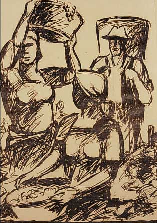 VORHAUER, GEORG, LITHOGRAPHIE BEI DER WEINLESE, SIGNIERT, 29 X 23 CM