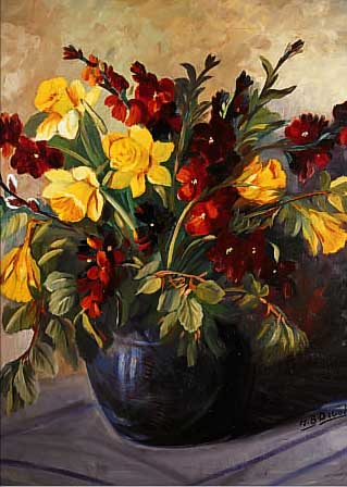 DEBOIS, J. B., 1. HäLFTE 20. JH., FRüHLINGS-STRAUSS MIT OSTERGLOCKEN UND GOLDREGEN, ÖL/LWD., SIGN., 64 X 56 CM, R.