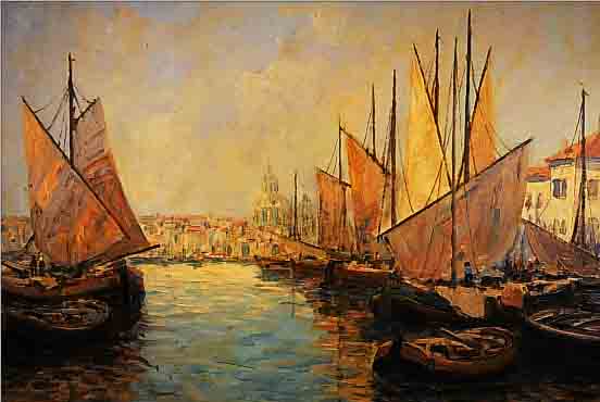 DONELLI, P., 1. HäLFTE 20. JH., HAFEN IN VENEDIG, ÖL/HOLZ, SIGN., 60 X 80 CM, R. (DIESER L. BESCH.)