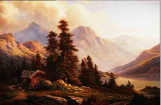ENGELHARD, LANDSCHAFTSMALER DES 19. JH., HüTE AM GEBIRGSSEE, ÖL/LWD. (MIN. BESCH.), SIGN., 71 X 97 CM