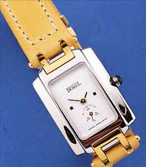ERNEST BOREL DESIGNERDAMENARMBANDUHR, SCHWEIZ UM 1995, EDELST. POL., BANDANST. HART-VERG., LEDERB. M. DOPPELTER, UNSICHTB. EDELST.-FALTSCHL., ...