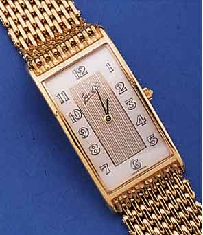 JEAN D'EVE HERRENARMBANDUHR, REF.-NR. 182042SCHWEIZ UM 1990, UNGETR. LAGERW., HARTVERG., BOMB. MINERALGL., EDELST.-BODEN GEDR., RECT.- FORM IN ...