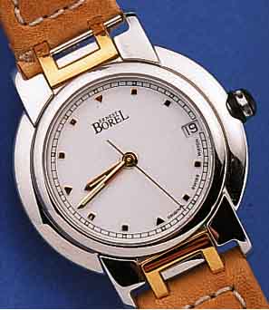 ERNEST BOREL ARMBANDCHRONOGRAPH DESIGN, REF.-NR. 7401, SCHWEIZ UM 1995, EDELST. POL., ZU DEN BANDANST. U. UNSICHTB. EDELST.-FALTSCHL. Z.T. ...