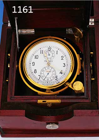 MARINE-CHRONOMETER "POLJOT", UM 1958, MIT ÜBERGEHäUSE U. LEDERTRAGERIEMEN, 3-FACHER VERGLASTER EDELHOLZKASTEN MIT ...
