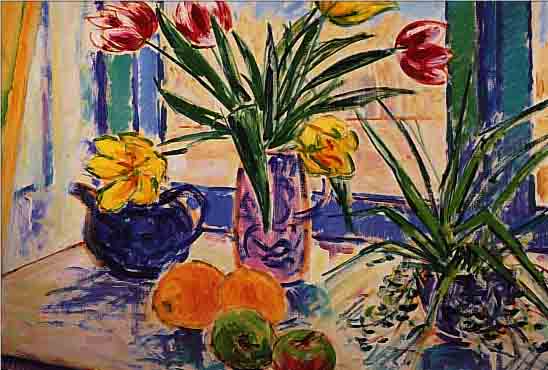 LARSEN, SKANDINAVISCHER KüNSTLER 2. HäLFTE 20. JH., HIER: STILLEBEN MIT TULPEN UND OBST, ÖL/LWD., SIGN., (VORNAME UNLESERL.), 60 X 70 CM, R.