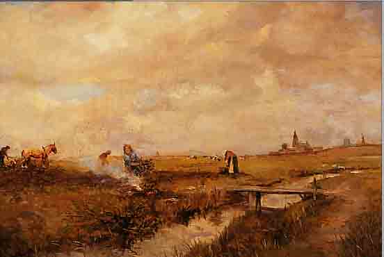 MELCHER, GUSTAV, *1898 DüSSELDORF, SCHUF IMPRESSIONISTISCHE SCHILDERUNGEN BäUERLICHEN LEBENS, HIER: BEI DER ERNTE, AM HORIZONT ...