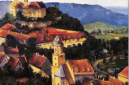 PROBST, DEUTSCHER KüNSTLER DES 20. JH., BLICK AUF EINE FRäNKISCHE STADT, ÖL/MALKARTON,SIGN. U. DAT. (19)73, 48,5 X 61,5 CM, R.
