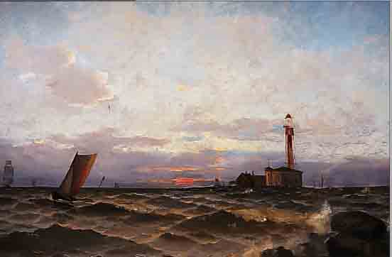 RICHARDSON, LOUIS H., *1853 - 1923, BRITISCHER MARINEMALER, HIER: SEGELBOOTE AM ABEND VOR DER KüSTE BEI EINER LEUCHTTURMINSEL,ÖL/LWD., ...