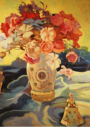 RICHTER, KARL, MüNCHENER KüNSTLER UM 1930, PRACHTVOLLES BLUMENSTILLEBEN MIT FIGUREN, ÖL/LWD., (L. KRAK.), SIGN. U. ORTSBEZ. MüNCHEN, ...